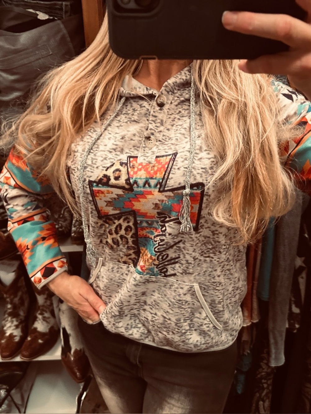 Aztec Cross Graphic Hoodie - Multicolor Tribal Print